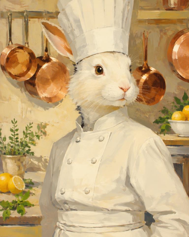 Demo artwork: white rabbit as a head chef