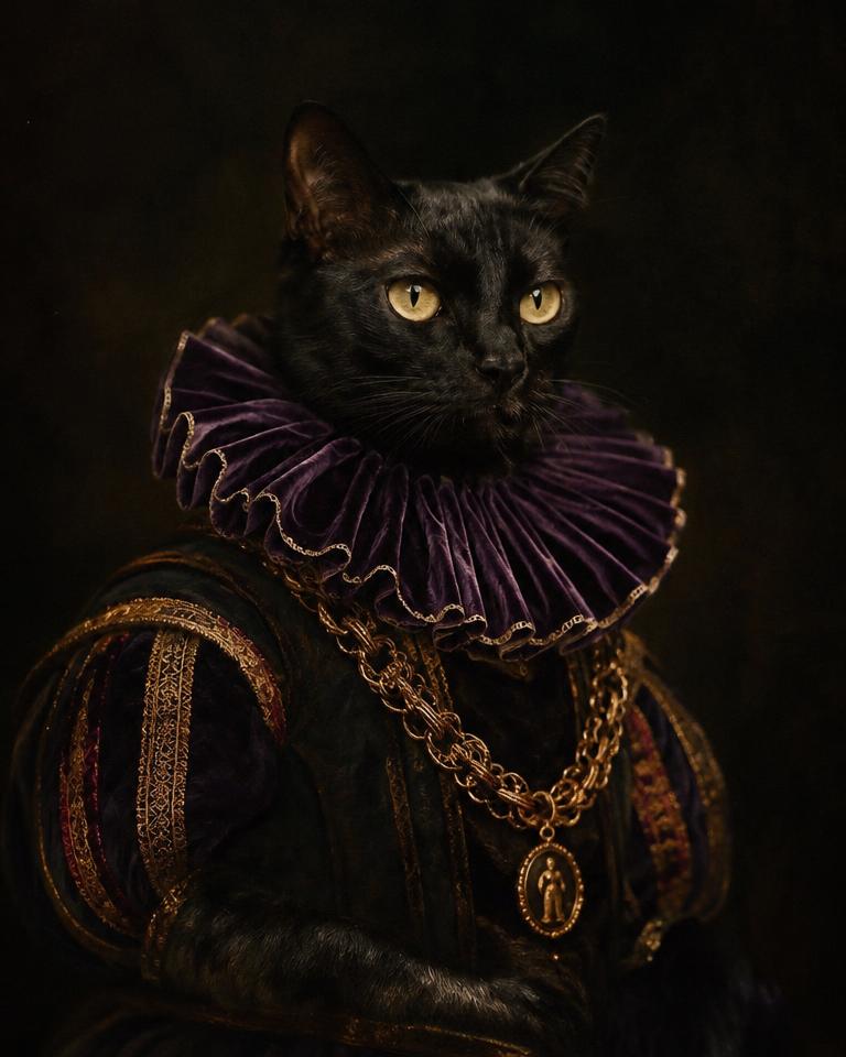 Demo artwork: black cat in a purple velvet ruff